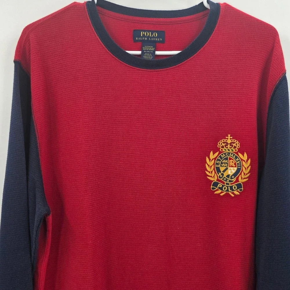 POLO RALPH LAUREN BIG CREST THERMAL SHIRT MENS XL BLUE RED SLEEPWEAR WAFFLE KNIT